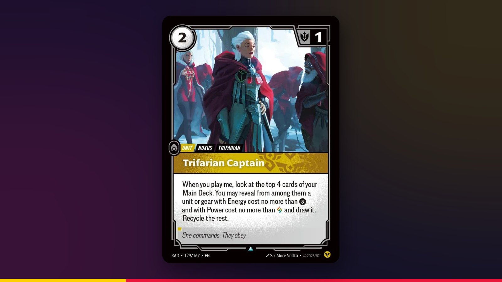 Trifarian Captain, a two-energy Noxus unit from Riftbound Radiance